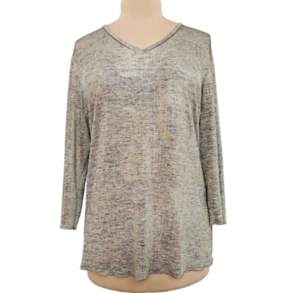 Pure Amici Metallic Top XL Silver Gray V Neck Long Sleeve USA Liquid Knit Casual